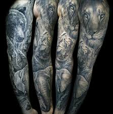 Animal Sleeve Lion Tiger Bear Elephant Black And White Lion Tattoo Sleeves Sleeve Tattoos Animal Sleeve Tattoo