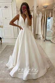 Trending Ivory Satin V Neck Puffy Wedding Gown Wedding Dresses Petite Wedding Dress Wedding Dresses Simple
