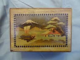 It has an marquetry picture of a lake scene with a bridge, tree and building to one side with mount fuji in the background and two birds flying in the sky. Rare Antiuque Vintage Old Japanese Wood Puzzle Box Asian Mount Fuji Himitsu Bako Wood Puzzle Box Puzzle Box Japanese Wood