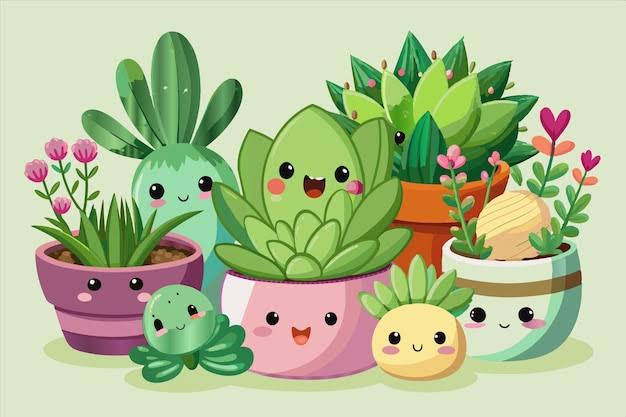 Una ilustración de dibujos animados de una planta con un grupo de plantas en maceta | Vector Premium