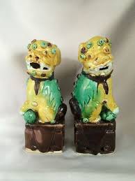 They've lived on my window sill ever since, guarding my home! 1960s Vintage Chinese Polychrome Foo Dogs Saffron Yellow Green And Brown Glazed Guardian Lions True Pair