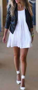 Spring Fashion White Dress Black Leather Jacket Fashion Girly Outfits Work Outfits Women