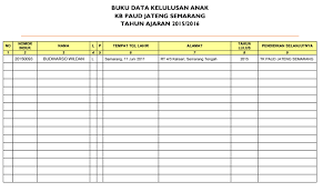 Pembuatan format data prestasi siswa ini bertujuan untuk mengadministrasikan dan mendokumentasikan segala bentuk prestasi yang diraih penerima didiknya dalam bidang cerdas. Contoh Format Buku Data Kelulusan Anak Tk Paud Administrasi Tk Paud