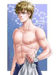 lirahalovna, umino gurio, bishoujo senshi sailor moon, 1boy, abs, brown  hair, character name, coke-bottle glasses, collarbone, floral background,  glasses, grey eyes, holding, holding removed eyewear, male focus, solo,  topless male, unbuttoned, unworn