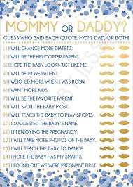 It's a fun one and most people won't mind the quick break even if they aren't game people. Mommy Or Daddy Printable Baby Shower Game Blue And Gold Baby Etsy Gold Baby Showers Baby Shower Fun Baby Shower Planning