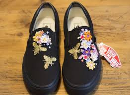 Black And White Custom Vans Slip Ons Bees Knees Black Slip On Vans With Bees And Sequin Flowers Bespoke Vans Custom Vans Floral The Bees Wedding Shoes Vans Embroidered Shoes Black Vans Shoes