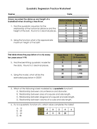Quadratic Regression Worksheet Answers Quadratic Regression Practice Worksheet In 2020 Quadratics Free Math Worksheets Practices Worksheets