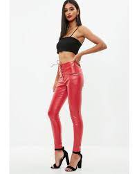 Missguided Red Lace Up Faux Leather Pants Lyst