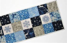 Embroidered Christmas Quilted Table Runner Blue White Silver Etsy Quilted Table Runner Quilted Table Runners Christmas Quilt