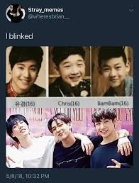 Why Does Yugyeom Look Older Then Both Of Them And Chan And Bambam Look Like 12 Lol Funny Kpop Memes Kid Memes Kpop Funny
