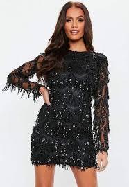 Missguided Black Sequin Fringe Long Sleeve Mini Dress Dresses Classy Dress Fringe Dress Formal
