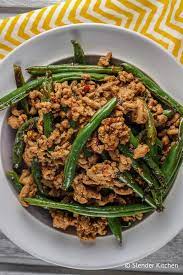 Spicy Ground Turkey And Green Bean Stir Fry Slender Kitchen Recipe Ground Turkey Recipes Healthy Turkey And Green Beans Healthy Ground Turkey