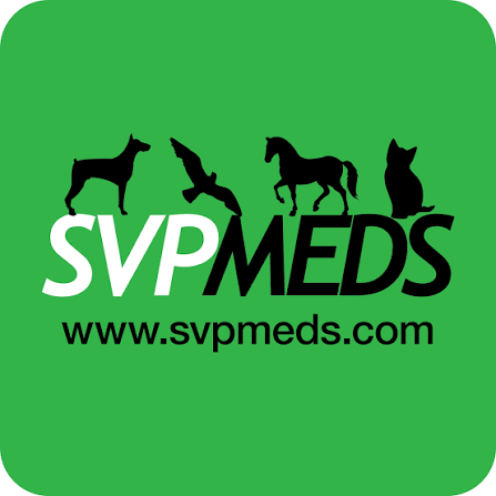 Logo of SVP Meds featuring silhouettes of a dog, bird, horse, and cat on a green background, with the website URL www.svpmeds.com.