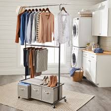 Closet organizers can consist of a few simple shelves or involve a structure that's a little more complicated, with rods of your closet is a mess and you can't find what you're looking for. Better Homes Gardens 2 Tier Garment Rack With 3 Drawer Closet Organizer Gray Walmart Com Garment Racks Clothing Rack Closet Organization