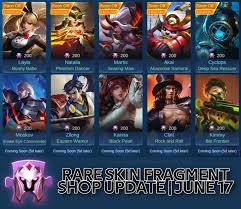 The skins will be released throughout june and july 2021. Rare Skin Fragment Shop Mobile Legends Update June 2020 Cool Skin Ml Game News