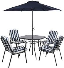 The best garden parasols and garden umbrellas to buy now; Kingfisher 4 Seater Garden Furniture Dining Set With Blue White Stripe Padded Cushions Parasol
