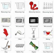 Today we'll learn the names of some kitchen utensils in english. Measuring Cup Measuring Spoons Microwave Mitt Mixer Mixing Mop Muffin Pan Napkin One Third Cup Dictionary For Kids Kitchen Pictures Kitchen Utensils