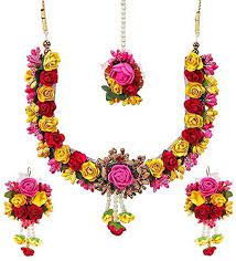 Pink and yellow flower jewellery gotapatti set designer tika,earrings,bracelet 5 pieces jewellery set,flower set. Buy Urban Sigma Women S Moti Foam Paper Metal Gotta Patti Flower Jewellery For Baby Shower Mehandi Haldi Godbharai Yellow Red And Pink Set Of 4 At Amazon In