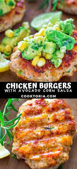I Really Love These Chicken Burgers With Avocado Corn Salsa They Make A Quick And Delic Chicken Burgers Recipe Ground Chicken Recipes Chicken Recipes American