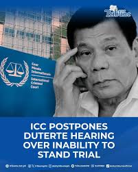 The International Criminal Court (ICC) has postponed the confirmation  hearing against former president Rodrigo Duterte following a petition from  his lawyers, claiming that the 80-year-old ex-leader “is not fit to stand  trial.” #