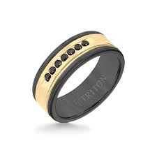 I intend in the future to get another half eternity band, single row this time with black diamonds to go above my engagement ring…. Triton 8mm Black Tc850 With 14k Yellow Gold Inlay And Black Diamond Band Mens Wedding Band Shop