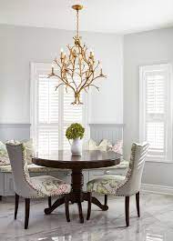 A before shot before we moved in the house, dining room to living room view. Gold Leaf Chandelier With Gray Beadboard Dining Bench Transitional Dining Room