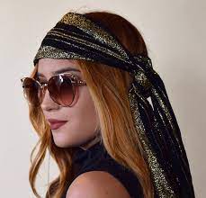 1970s Authentic Vintage Rare Disco Black Gold Metallic Lurex Headscarf Headband Scarf Head Scarf Scarf Headband 70s Headband