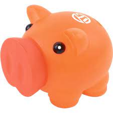 Designed for ages 3 years and older, this pink, rubber piggy bank features a rubber stop on the bottom. Rubber Nosed Piggy Bank Hotline