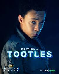 FIRST LOOK AT KIT YOUNG AS TOOTLES IN ALIEN EARTH . Jonathan Ajayi as Smee,  Adarsh Gourav as Slightly, Sydney Chandler as Wendy, Timothy Olyphant as  Kirsh, Kit Young as Tootles, Erana