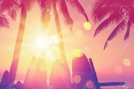 Surfboard And Palm Tree On Tropical Sunset Beach Background Stock Photo Picture And Royalty Free Image Image 129075754
