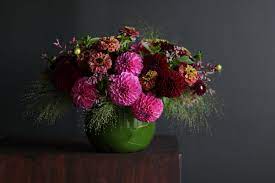 A Collection Of Locally Grown Dahlias And Zinnias Create A Dramatic Dome Of Jewel Toned Color Dahlia Winston Flowers Same Day Flower Delivery Flower Delivery