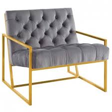 Grey Tufted Velvet Square Box Gold Frame Arm Chair Velvet Accent Chair Luxury Chairs Tufted Accent Chair