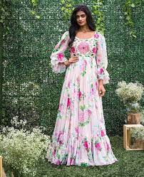 Beautiful Chiffon Printed Long Dress Long Gown Design Floral Print Gowns Floral Long Frocks