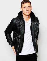 Pull Bear Mens Hooded Faux Leather Look Biker Jacket Black Size Xl 42 44 Jackets Men Fashion Faux Leather Jackets Leather Bomber Jacket