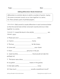 Alliteration Worksheets Adding Alliteration Words Worksheet