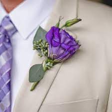 The Groom Will Wear A Boutonniere Of Purple Lisianthus And Seeded Eucalyptus Purple Boutonniere Boutonniere Wedding Purple Wedding