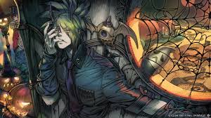 ahriman, final fantasy, final fantasy xiv, highres, official art, 2boys,  black hair, black nails, black shirt, blonde hair, clown, clown nose,  facepaint, fingernails, ghost, glowing, green hair, halloween, hat, horns,  hyur, jack-o-lantern,