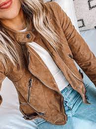 Fashion Jackson Wearing Free People Tan Faux Leather Moto Jacket Leather Jackets Women Brown Leather Jacket Womens Outfit Faux Leather Jacket Outfit