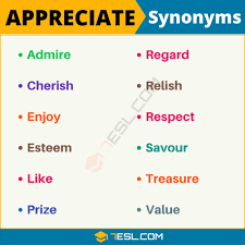 Appreciate Synonym List Of 100 Synonyms For Appreciate With Useful Examples 7 E S L In 2020 Essay Writing Skills Writing Words English Vocabulary Words
