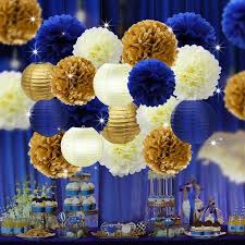 Navy Royal Blue Gold Cream Party Poms Lantern Set Boy Etsy In 2020 Birthday Party Set Gold Party Decorations Blue Birthday Parties
