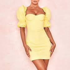 Et chez asyou, le choix est plus. Ete Femmes Fete Manches Bouffantes Robes Moulantes Sexy A Manches Courtes Dos Nu Robe Courte Club Jaune Col Carre Mini Robe Aliexpress