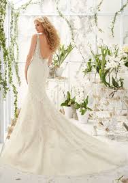 Ivory cascading ruffled organza sheath wedding gown. Lace Appliques On Net Satin Wedding Dress Morilee