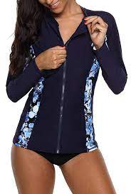 Belamo Ladies Color Block Surfing Shirt Womens Zip Front Rashguard Swimwear Swim Shirts Rash Guard Swimwear Long Sleeve Rashguard