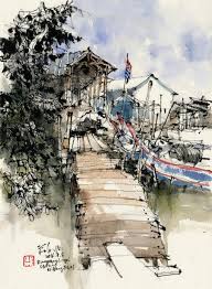 5.16545, 100.42779) is a chinese fishing village in nibong tebal, penang. 20160708 Kampung Sungai Udang Nibong Tebal Watercolor Architecture Landscape Paintings Landscape Art
