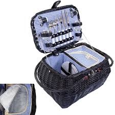 Ein picknickkorb ist etwas nettes und besonderes in den sommermonaten. Picknickkorb Set Fur 2 Personen Picknicktasche Kuhlfach Porzellan Glas Edelstahl Blau Weiss
