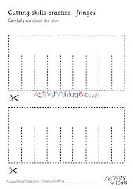 The last few pages feature more advanced cutting practice activities that can be colored, cut out, and glued onto a separate sheet of paper (see below). Cutting Fringes