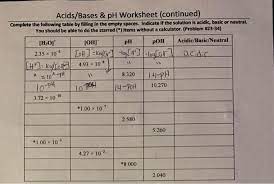 Hydrogen and hydroxide ion concentration; Solved Acids Bases Ph Worksheet Continued Complete Th Chegg Com
