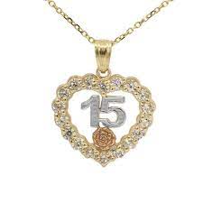 10k Tri Color Gold Cubic Zirconia Quince Anos Heart Necklace Quinceanera Jewelry Fire Jewelry Quinceanera Necklace