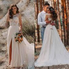 Details About Two Pieces Beach Wedding Dresses Jewel Neck Lace High Split Tulle Bridal Gown Ebay Wedding Dress Jeweled Wedding Dress Beach Wedding Dress Boho