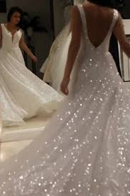Sparkly Bridal Gowns V Neck Backless Wedding Dresses With Sequins 664 From Loveprom In 2020 Sparkle Wedding Dress Wedding Dress Sequin Sparkly Wedding Dress
